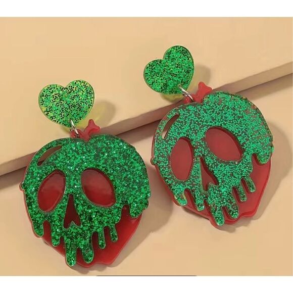 Halloween green skull apple gangling goth style acrylic earrings - Picture 1 of 5